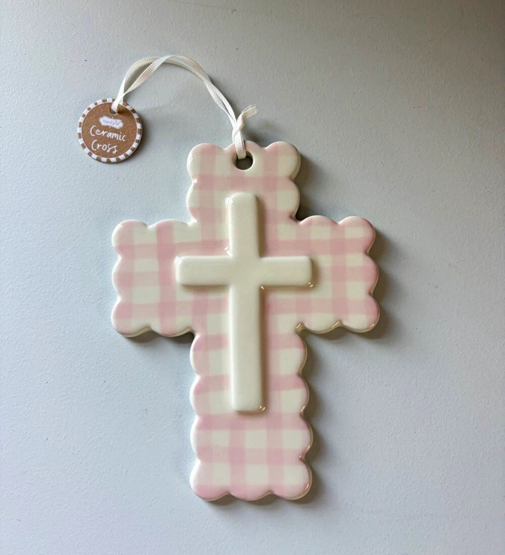 New with Tags Ceramic Christian Cross Wall Hanging Pink White Gingham Ribbon